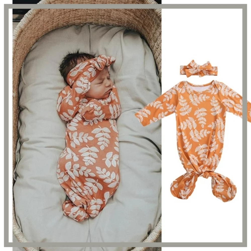 Baby Girl Knotted Gown & Headband Coming Home Set Rust Boho Leaf Print Sleeper